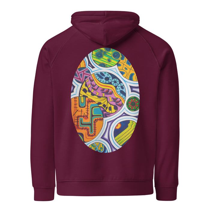 burgundy hoodie with an multicolored oval  on the back featuring abstract circular forms