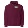 burgundy hoodie with the bardo kid logo of the eyes of a young boy on the left upper chest