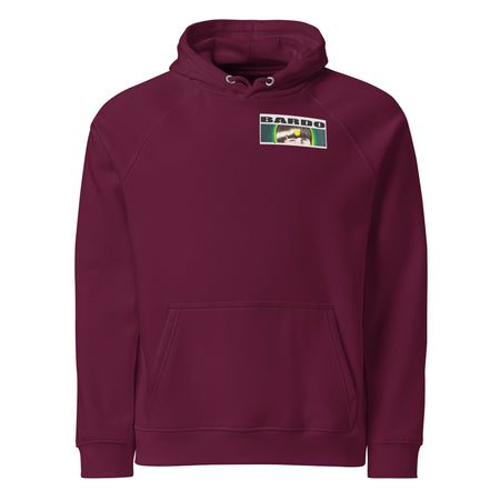 burgundy hoodie with the bardo kid logo of the eyes of a young boy on the left upper chest
