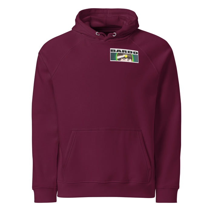 burgundy hoodie with the bardo kid logo of the eyes of a young boy on the left upper chest
