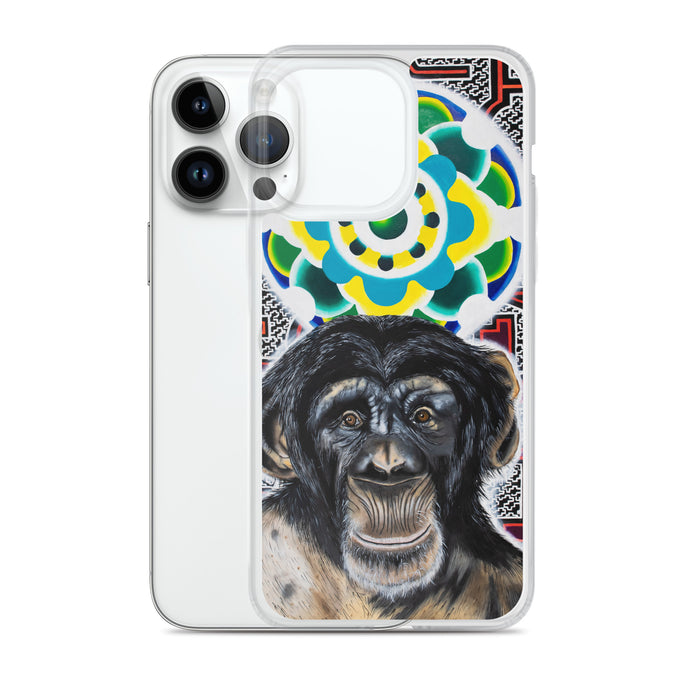 plastic phone case with face of chimp with a psychedelic background