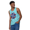 man wearing a a light teal tank top with original art of a circle based sun type mandala in dark blues, light blues, and maroons.
