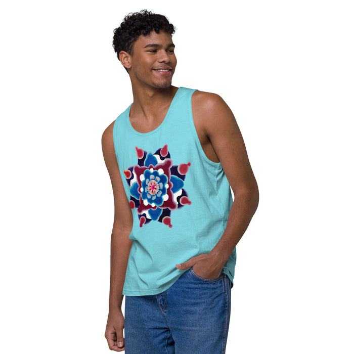 man wearing a a light teal tank top with original art of a circle based sun type mandala in dark blues, light blues, and maroons.