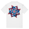 a white polo shirt featuring the bardo kid logo on the front and an original circular based abstract mandala of magentas and blues on the back.