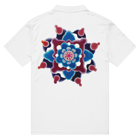 a white polo shirt featuring the bardo kid logo on the front and an original circular based abstract mandala of magentas and blues on the back.