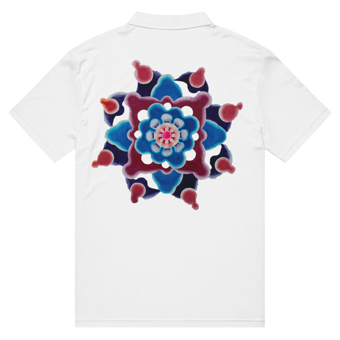 a white polo shirt featuring the bardo kid logo on the front and an original circular based abstract mandala of magentas and blues on the back.