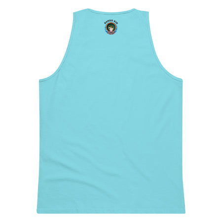 a light teal tank top with original art of a circle based sun type mandala in dark blues, light blues, and maroons.