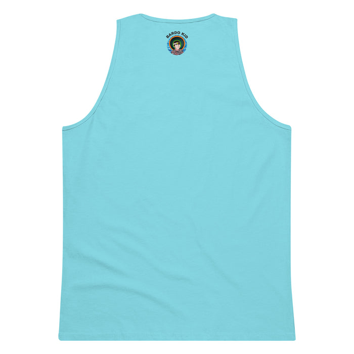 a light teal tank top with original art of a circle based sun type mandala in dark blues, light blues, and maroons.