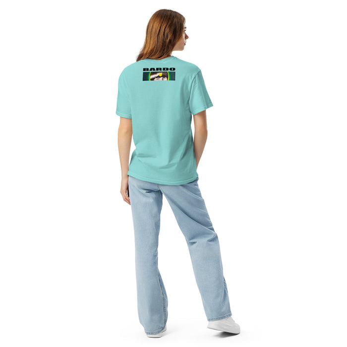 girl wearing aqua t-shirt with a red and blue circle mandala design and bardo lid logo on back