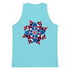 a light teal tank top with original art of a circle based sun type mandala in dark blues, light blues, and maroons.
