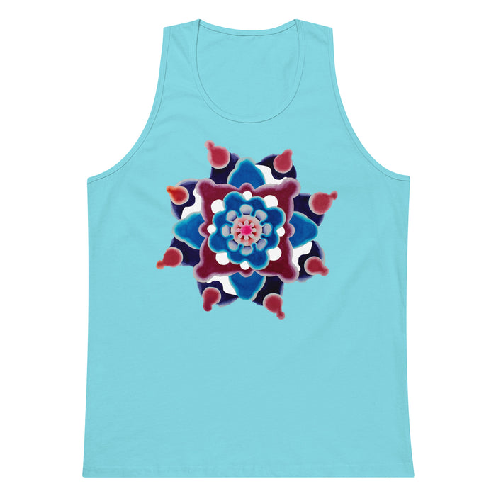 a light teal tank top with original art of a circle based sun type mandala in dark blues, light blues, and maroons.