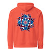 bright orange hoodie with a circular mandala design in maroons, blues, and white on the back