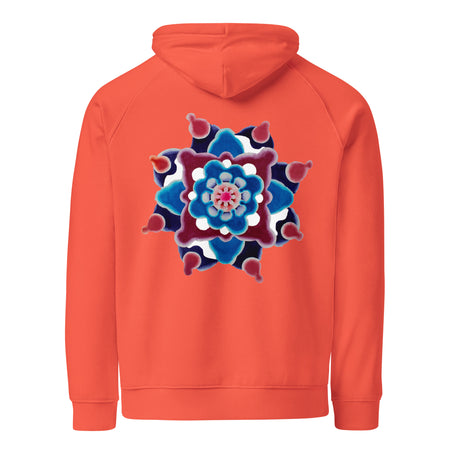 bright orange hoodie with a circular mandala design in maroons, blues, and white on the back