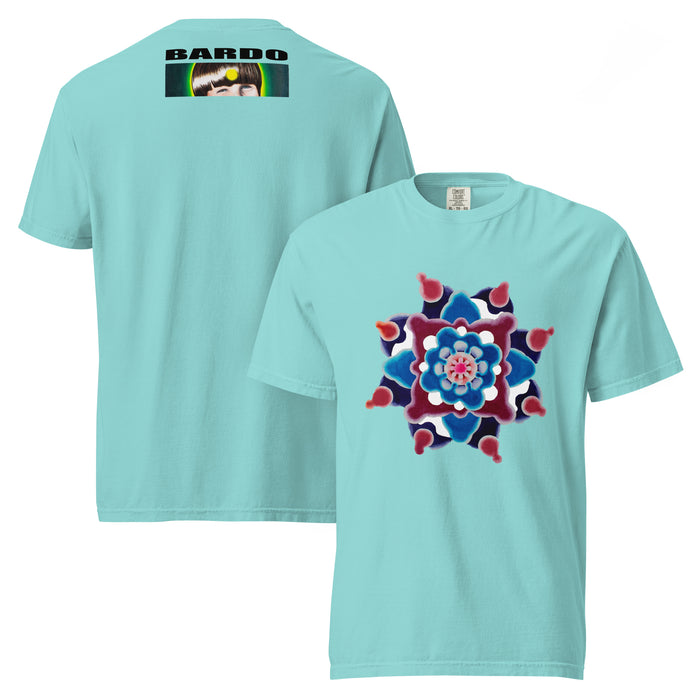 aqua t-shirt with a red and blue circle mandala design