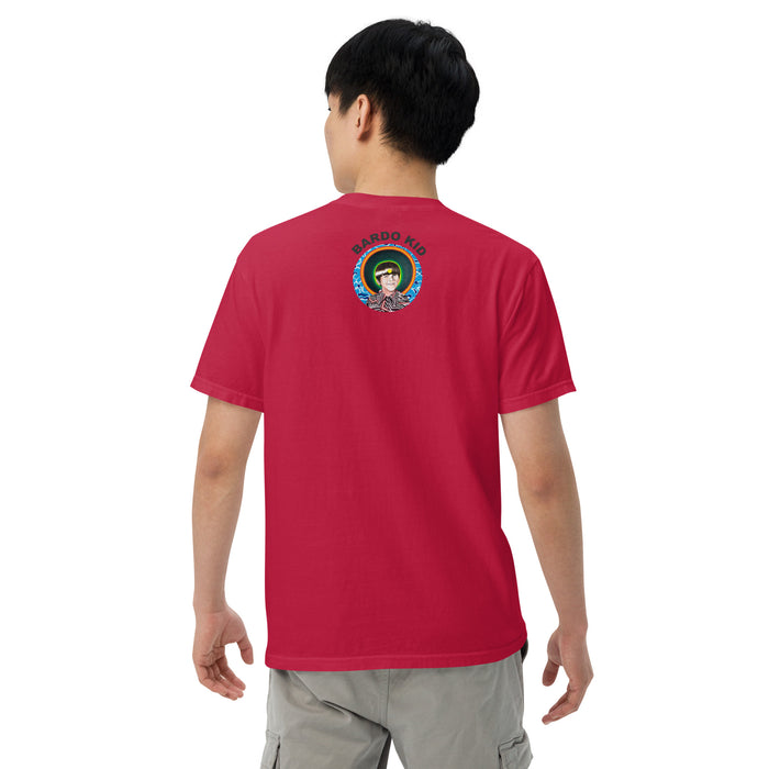  man wearing red t-shirt with original art of a deity with a pinecone head, octopus tentacles, elk antlers, and a Tibetan circular glow around it in front of a lightning storm and bardo kid logo on back