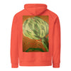 orange colored hoodie with a large realistic artichoke on the back surrounded by psychedelic waves of green ,orange, and red