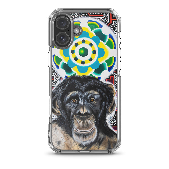 plastic phone case with face of chimp with a psychedelic background