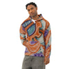 man wearing Colorful graffiti hoodie with spray can style abstract patterns in purples, turquoises and oranges on on a white background
