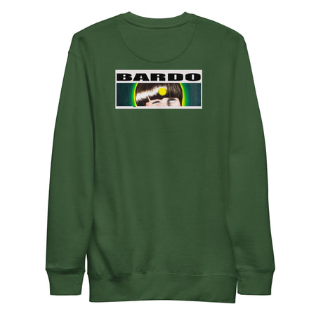 deep green sweatshirt with original art of a bright red tomato radiating psychedelic like bands of red, orange, and yellow