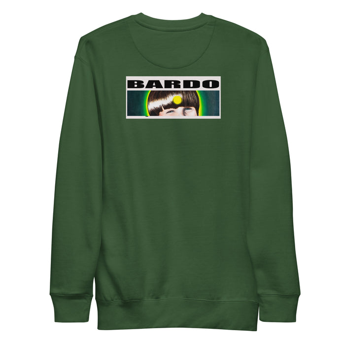 deep green sweatshirt with original art of a bright red tomato radiating psychedelic like bands of red, orange, and yellow