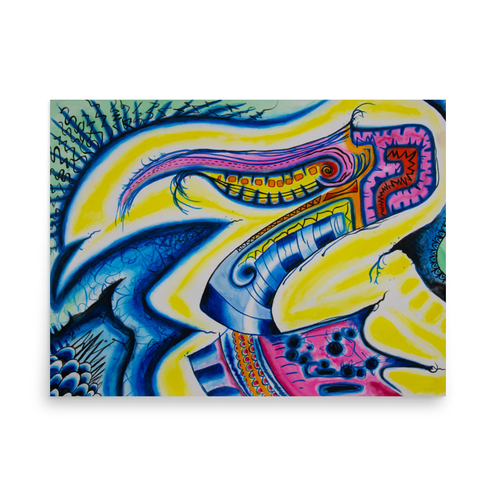 archival fine art print of an abstract pelican head in a psychedelic, mechanical type style, in neon, multicolored watercolor 