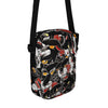 Crossbody bag with a black background and colorful tattoo themed black panther  pattern on a white background