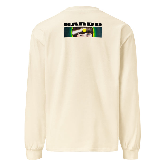 a beige long sleeve t-shirt with original art depicting a pine cone with dangling octopus tentacles, elk antlers, and a Tibetan halo in front of a stormy lightning filled sky.