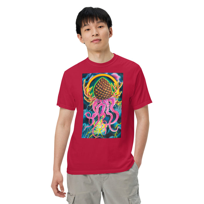  man wearing red t-shirt with original art of a deity with a pinecone head, octopus tentacles, elk antlers, and a Tibetan circular glow around it in front of a lightning storm.
