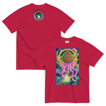  red t-shirt with original art of a deity with a pinecone head, octopus tentacles, elk antlers, and a Tibetan circular glow around it in front of a lightning storm.