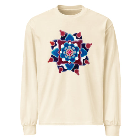a beige long sleeve t-shirt featuring original watercolor art of a mandala made up of magenta, turquoise, and maroon circular forms.