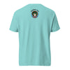  aqua t- shirt with the Bardo Kid logo on the upper middle back and a psychedelic flower design in reds, blues, and oranges on front.
