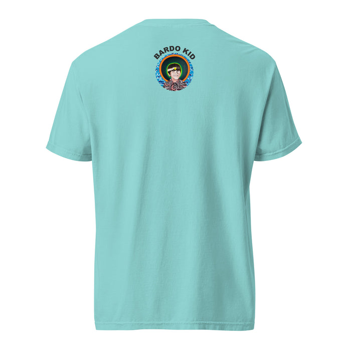 aqua t- shirt with the Bardo Kid logo on the upper middle back and a psychedelic flower design in reds, blues, and oranges on front.