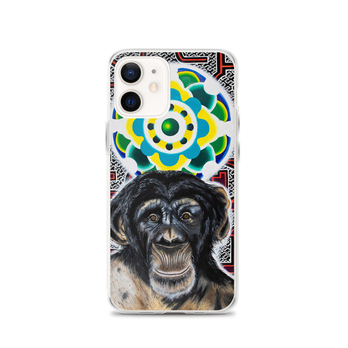 plastic phone case with face of chimp with a psychedelic background
