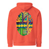 a neon orange hoodie with a psychedelic styled multi colored, geometric design contained within an oval outline on its back