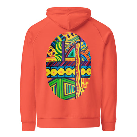 a neon orange hoodie with a psychedelic styled multi colored, geometric design contained within an oval outline on its back