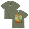 moss green t-shirt with image of artichoke radiating psychedelic bands of color with bardo kid logo on the back