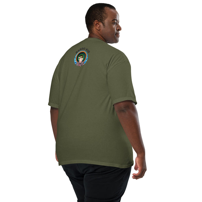 man wearing a deep green t-shirt with realistic art of an avocado radiating green and yellow bands of energy