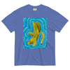 light blue t-shirt with a psychedelic style colorful illustration of a banana radiating turquoise, teal, and blue waves.