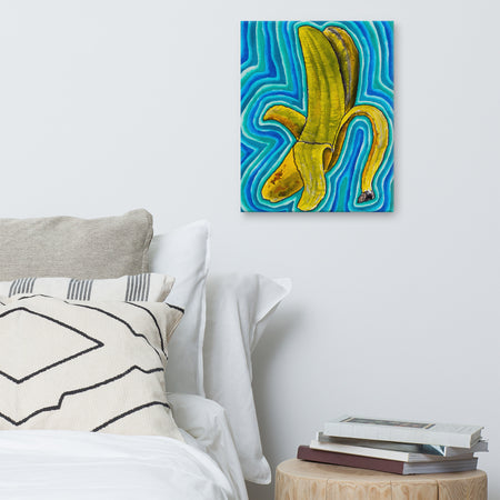 psychedelic banana painting radiating waves of blue, turquoise, and green energy bands in a visionary art style hanging on wall by bed