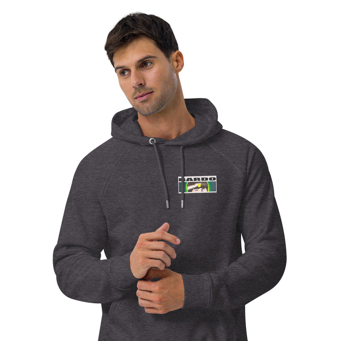 A man wearing a dark heather gray hoodie with a l graphic print on the chest of the bardo kid logo a young boys face