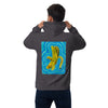 A man viewed from behind wearing a dark heather gray hoodie with a large graphic print on the back. The print features a yellow banana curled inside swirling blue and light blue patterns.