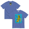 light blue t-shirt with artwork of a peeling banana radiating psychedelic bands of blues
