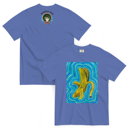 light blue t-shirt with artwork of a peeling banana radiating psychedelic bands of blues