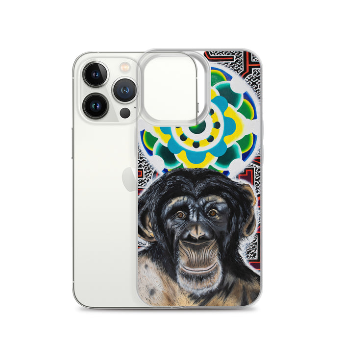 plastic phone case with face of chimp with a psychedelic background