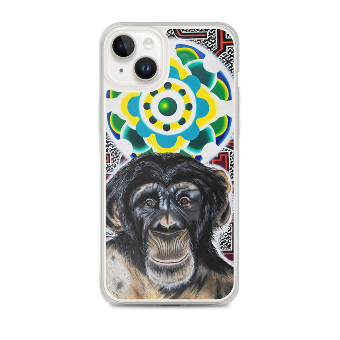 plastic phone case with face of chimp with a psychedelic background