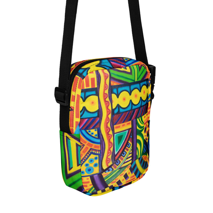 cross body bag with an all over multicolored psychedelic artwork print
