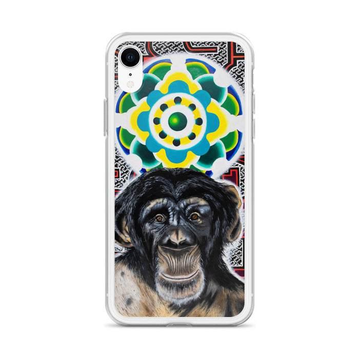 plastic phone case with face of chimp with a psychedelic background