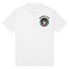 a white polo shirt with the Bardo Kid log on the front upper right chest and a psychedelic flower design in reds, blues, and oranges on the back.