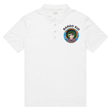 a white polo shirt with the Bardo Kid log on the front upper right chest and a psychedelic flower design in reds, blues, and oranges on the back.