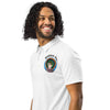 man wearing white polo shirt with BardoKid logo on upper right chest and a psychedelic flower design in reds, blue, and orange on back.